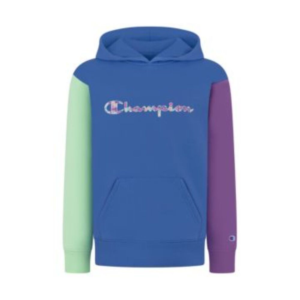 Champion Colorblock Hoodie M Blue Green Purple Script Logo Fleece Pullover